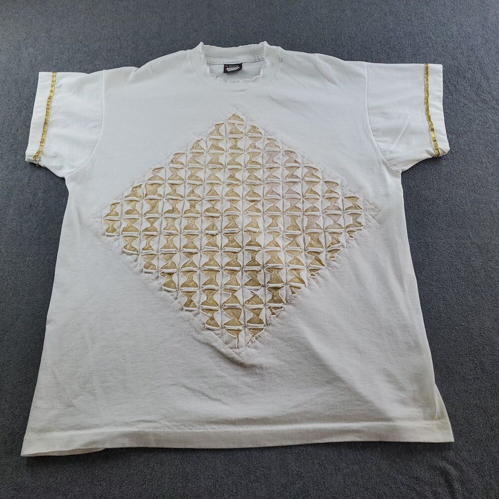 Vintage Textured Distress Diamond  T-Shirt Single Stitch Adult XL White Made USA